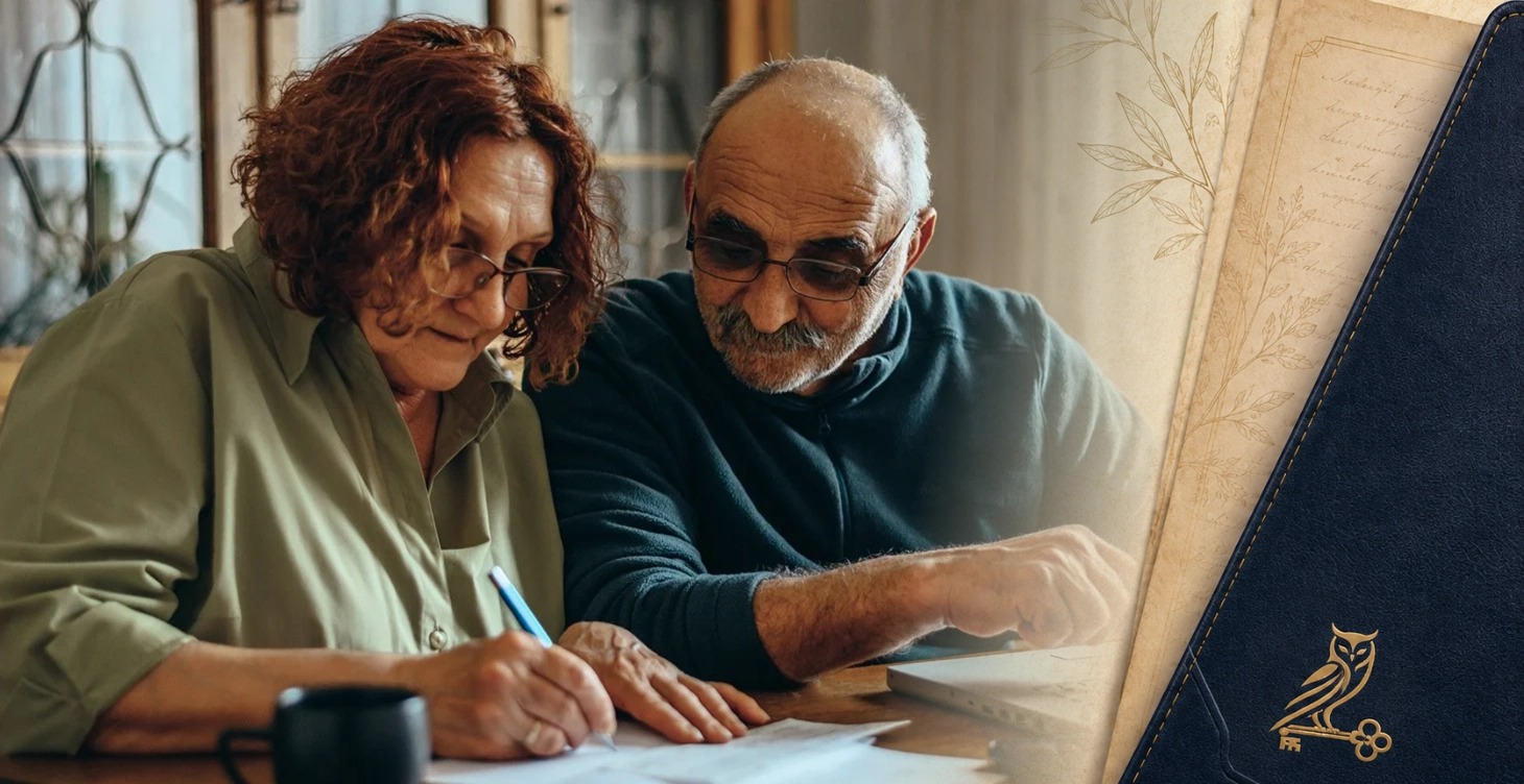 Older couple reviewing estate planning documents while preparing for funding a trust.